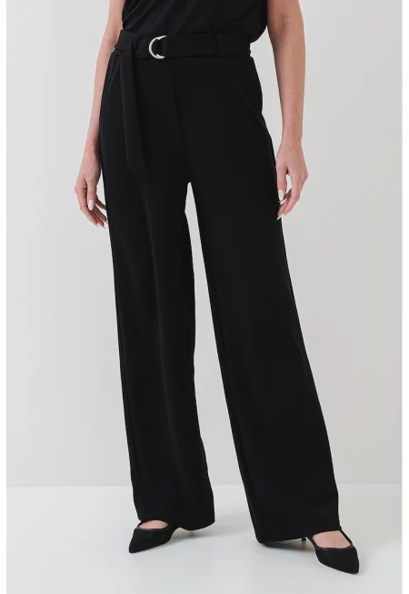 Панталон с модал с широк крачол и висока талия с колан - Черен