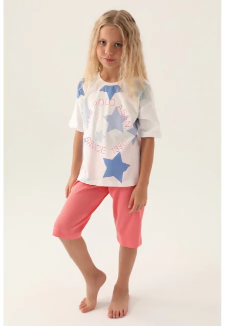 Пижама с принт и паднали ръкави - Бял/Розово