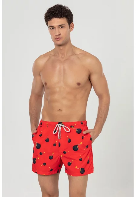 Плувни шорти с принт и джобове - Черен/Жълт/Аленочервен