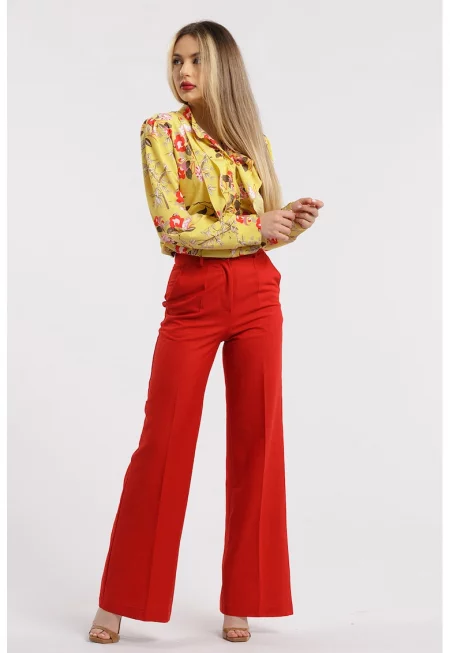 Прав панталон с висока талия - Аленочервен