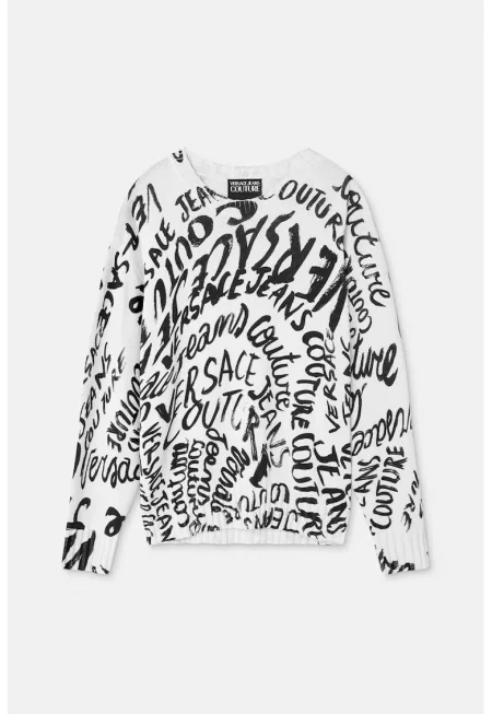 Пуловер с кръгло деколте и принт - Бял