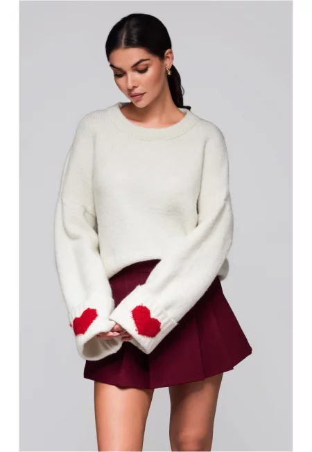 Пуловер с пришити сърца  LW-SWSW-0100 - Бял