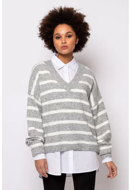 Раиран пуловер Hasic с шпиц - Бял/Сив меланж