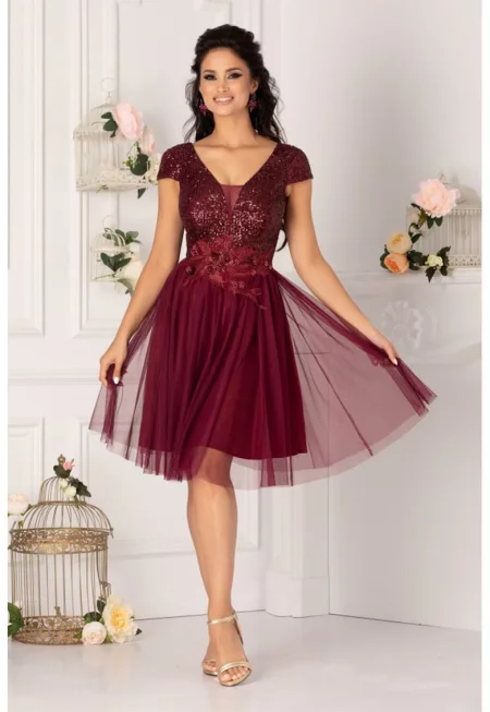 Разкроена къса рокля с пайети - Бордо