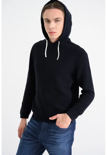 Релефен пуловер с качулка - Ултрамарин синьо