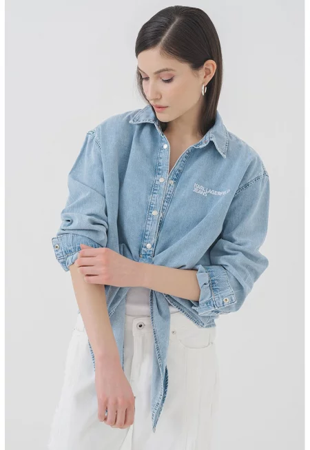 Риза от деним с копчета - Светлосин