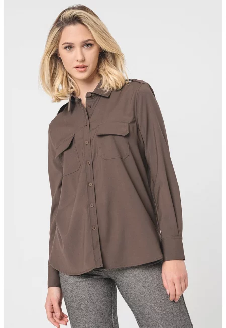 Риза с вълна с пагони с копчета - Тъмнокафяв