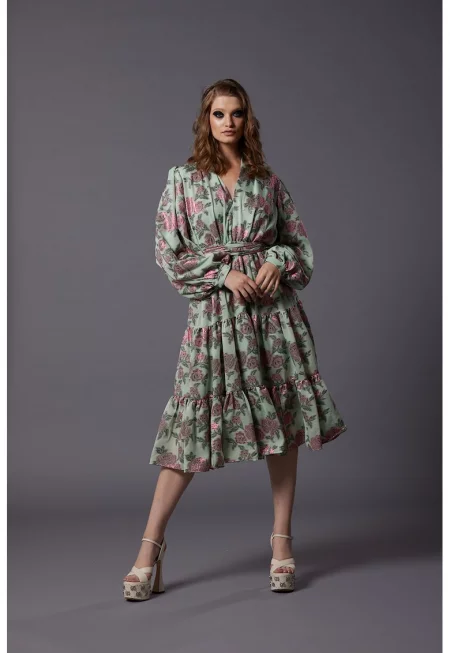 Рокля Simina с коприна и принт - Фанданго розово/Бледозелен
