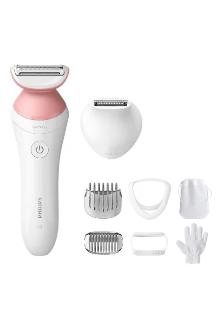 Самобръсначка  Lady Shaver Серия 6000 BRL146/00 - Безжична - Wet&Dry - 10 часа зареждане - 40 минути употреба - Калъф - Ексфолираща ръкавица - Бял/Розов