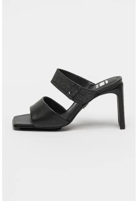 Сандали от кожа Darcy с ток и детайли от деним - Черен