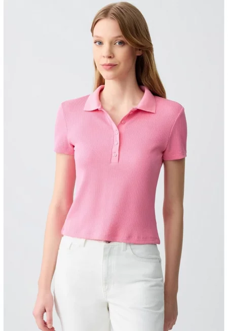 Слим тениска с модал с яка - Розово