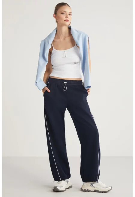 Спортен панталон с памук с връзка - Тъмносин