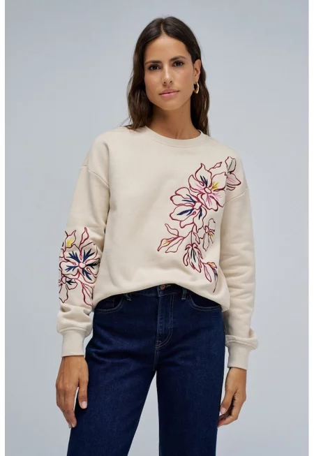 Суитшърт с флорални бродерии - Бордо/Тъмнобежово