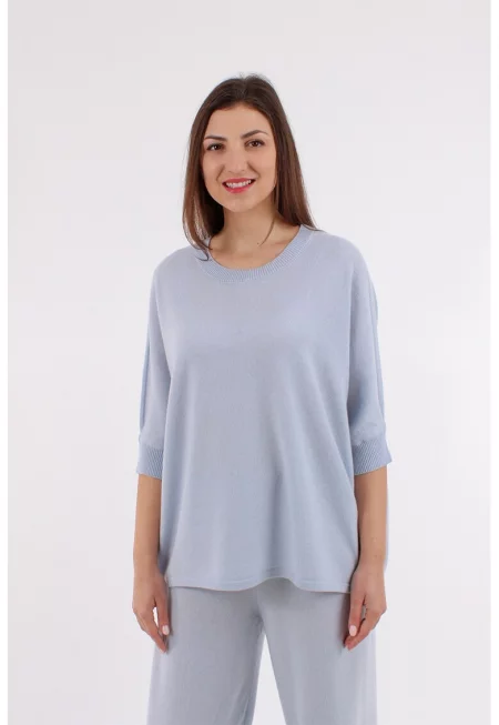 Свободен пуловер с вълна и кашмир - Светлосин