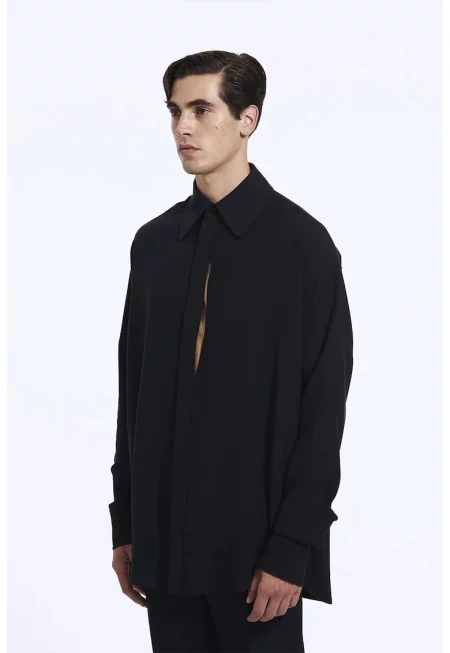 Свободна риза с преден изрез и закопчаване с копчета - Черен