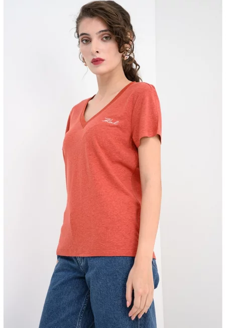 Тениска с лен с лого - Керемидено червено