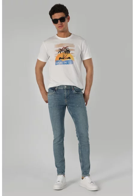 Вталени дънки Danny със захабен ефект - Петролно синьо