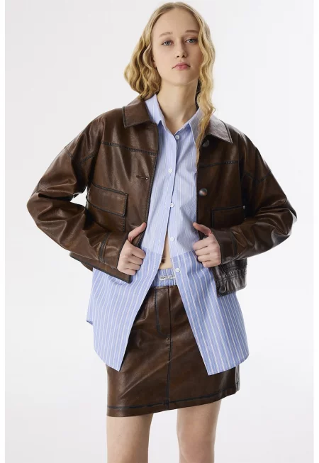 Яке от еко кожа с копчета - Тъмнокафяв