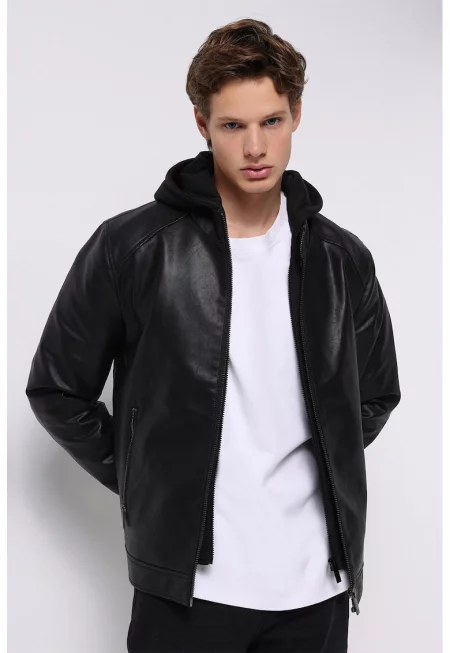 Яке от еко кожа с паднали ръкави - Черен