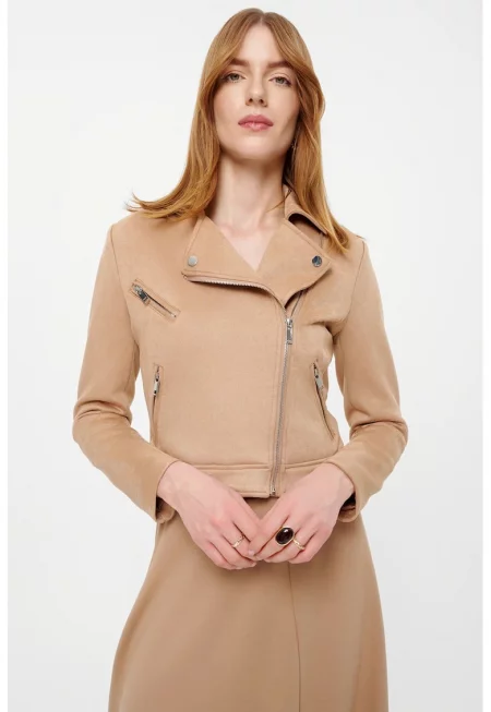 Яке от еко велур с двойни ревери - Бежов