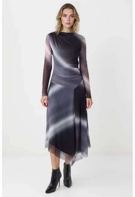 Асиметрична миди рокля деграде - Бял/Антрацитно сиво/Tъмносив