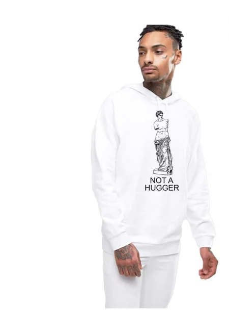 Бяла мъжка суичър с качулка - Не е прегръдка
