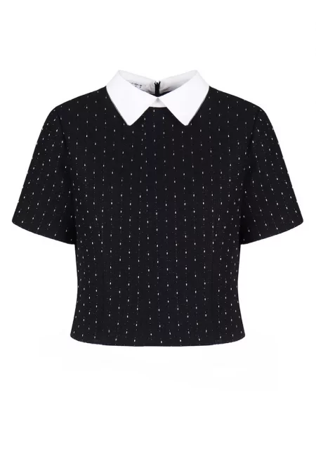Contrasting Collar Tweed Blouse