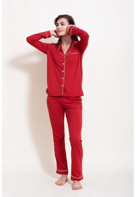 Дълга пижама Ana с модал - Червен/Мръснобял