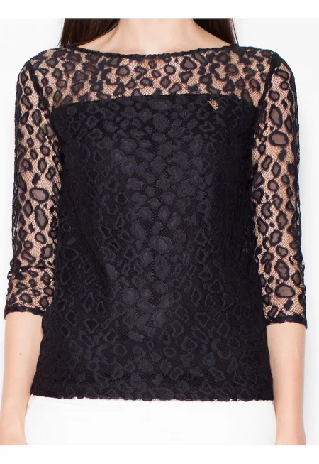 Дамска блуза  3/4 ръкав прозрачна на точки черна полиестер