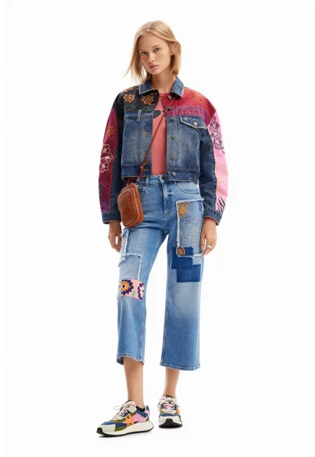 Дънково яке с бродерии - Корал/Прашно синьо/Розово