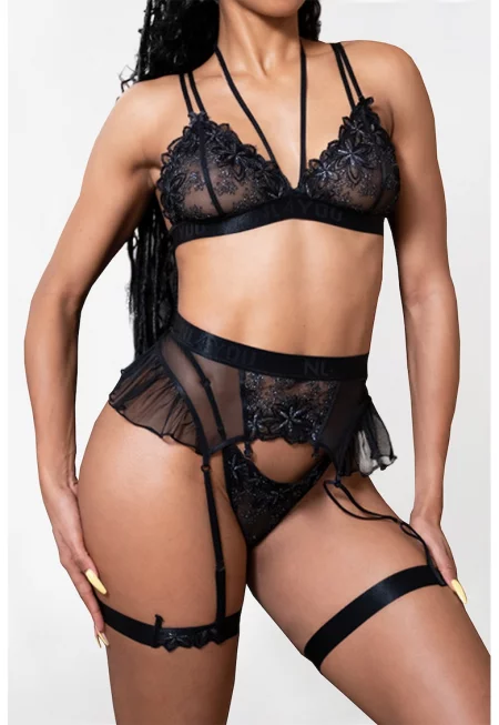 Дантелен комплект Adore Me - 3 части - Черен