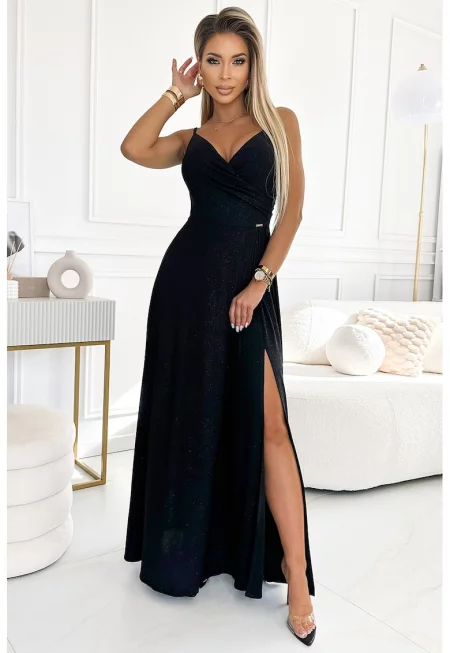 Елегантна макси рокля с презрамки - - Черен