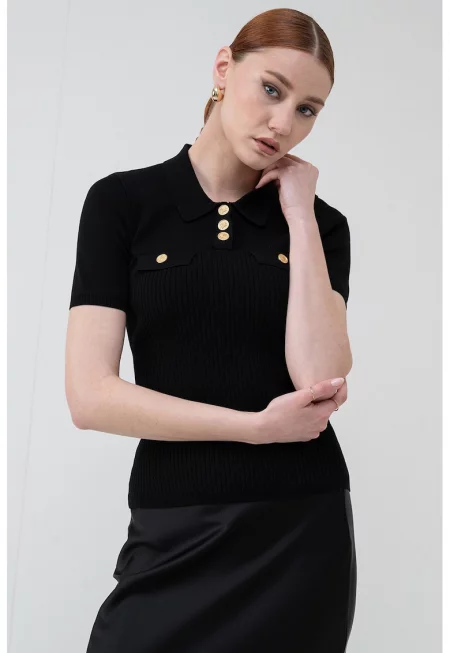 Фино плетена тениска с яка - Черен