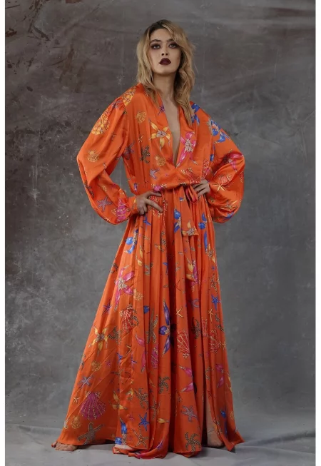 Флорална рокля Molinos с коприна - Оранжев