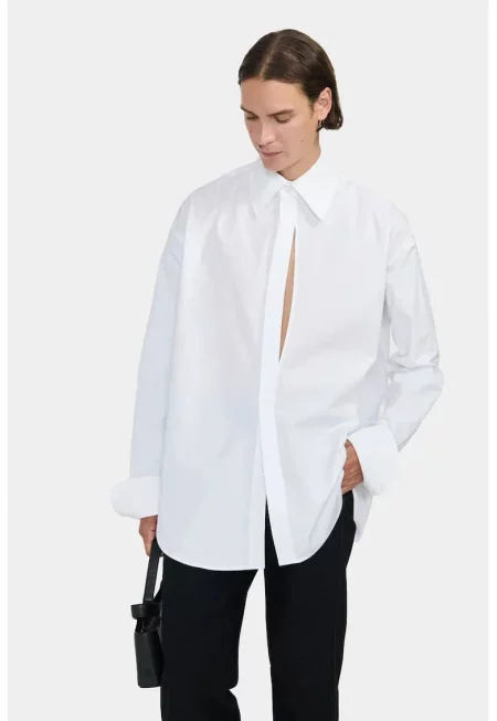 Изрязана отпред уголемена риза със закопчаване на копчета - Бяла -