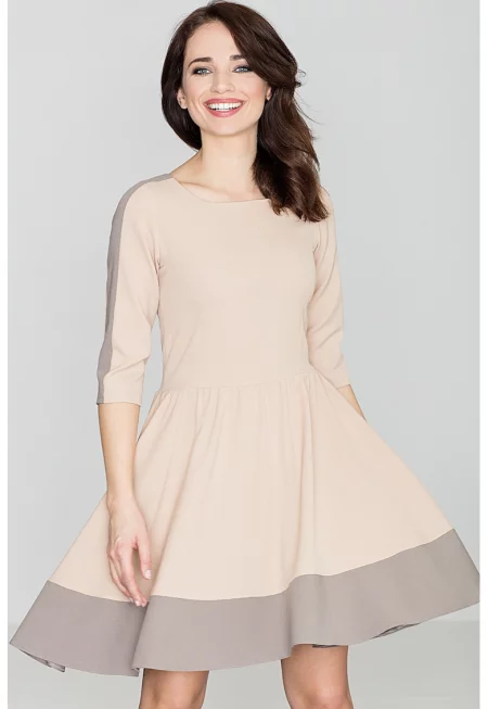 K057 клоширана миди рокля - ръкав - бежово - полиестер