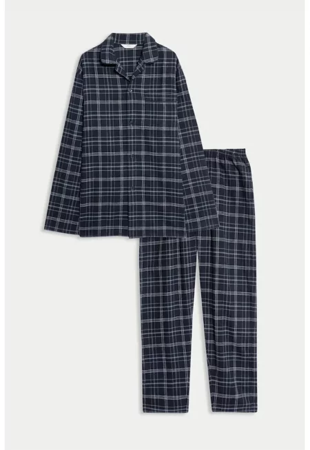 Карирана памучна пижама - Бял/Ултрамарин синьо