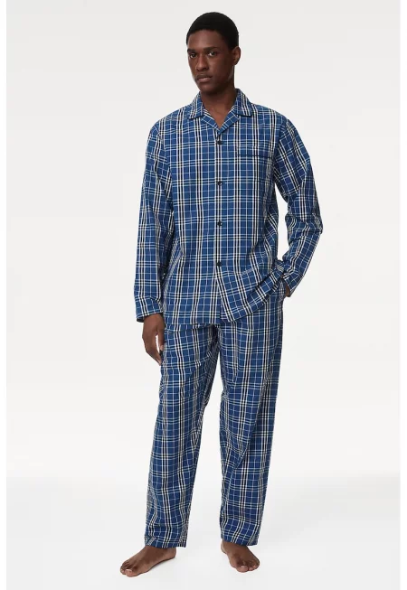 Карирана пижама с раздвоен ревер - Тъмносин/Кралско Синьо/Мръснобял