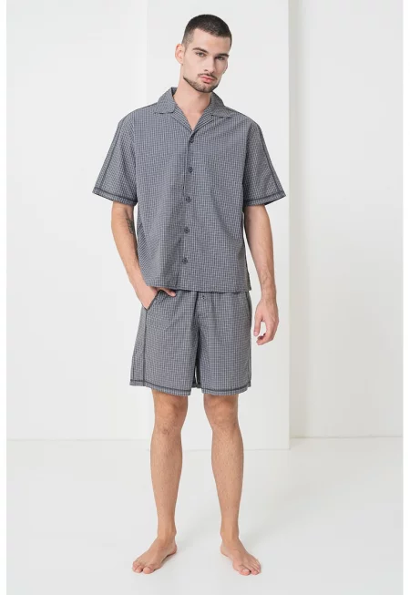 Къса памучна пижама на каре - Бял/Сив