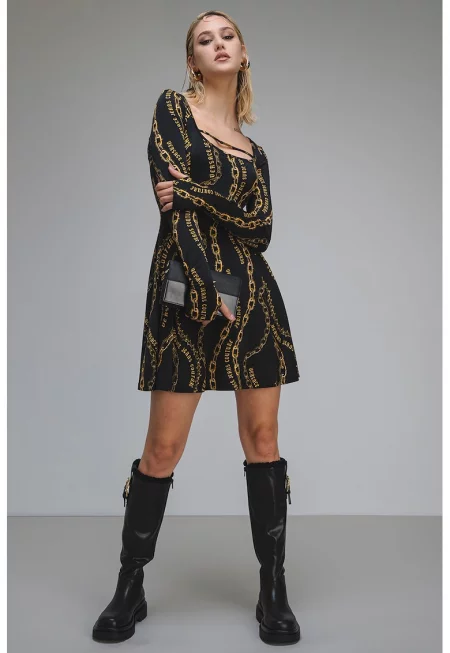 Къса рокля с дълги ръкави - Златист/Черен