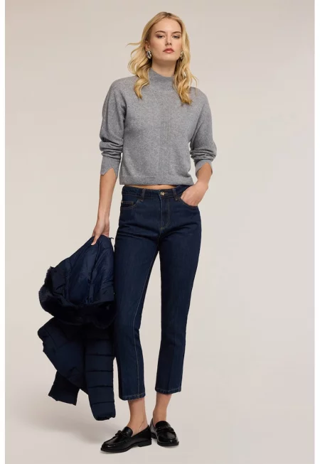 Кашмирен пуловер с ниска яка - Сив меланж