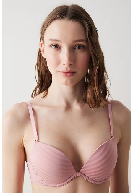 Класически сутиен с райе и подплънки - Бледо розово
