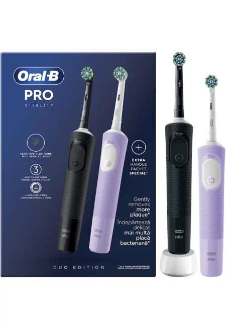 Комплект 2 x Ел. четки за зъби  Vitality Pro - 2D почистване - 3 програми - 1 зарядно устройство - 2 накрайника - Черен/Лилав