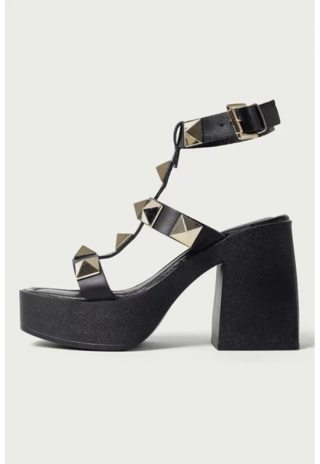 Кожени сандали Kathya с масивен ток - Черен
