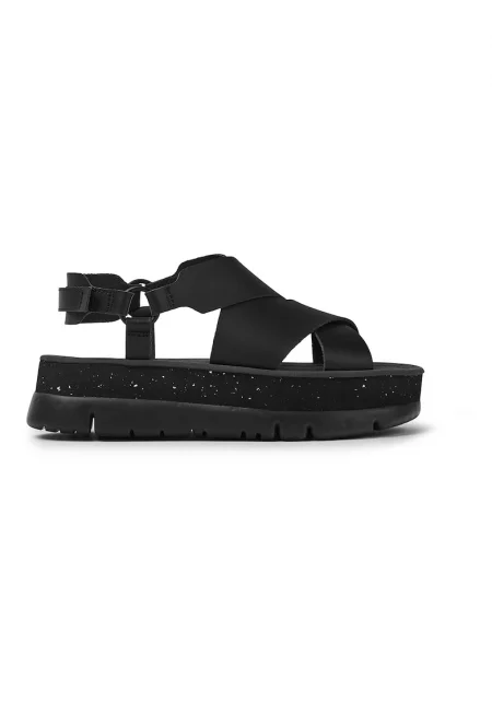 Кожени сандали с равна платформа - Черен