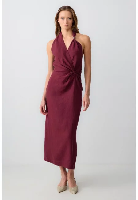 Ленена слим рокля халтер - Бордо