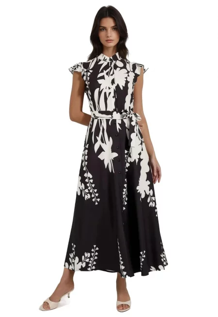 Макси рокля -  Черно/Бяло - Текстил