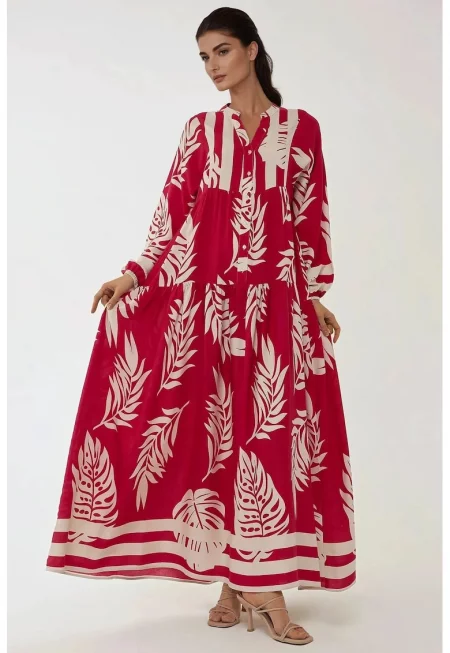 Макси рокля -  щампа - червена - вискоза