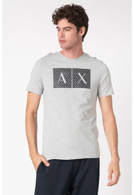 Памучна слим тениска с лого - Черен/Сив меланж