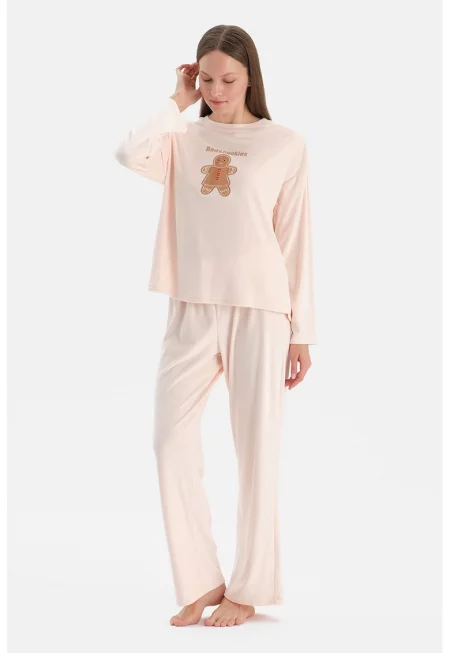 Пижама с коледна апликация - Бледо розово